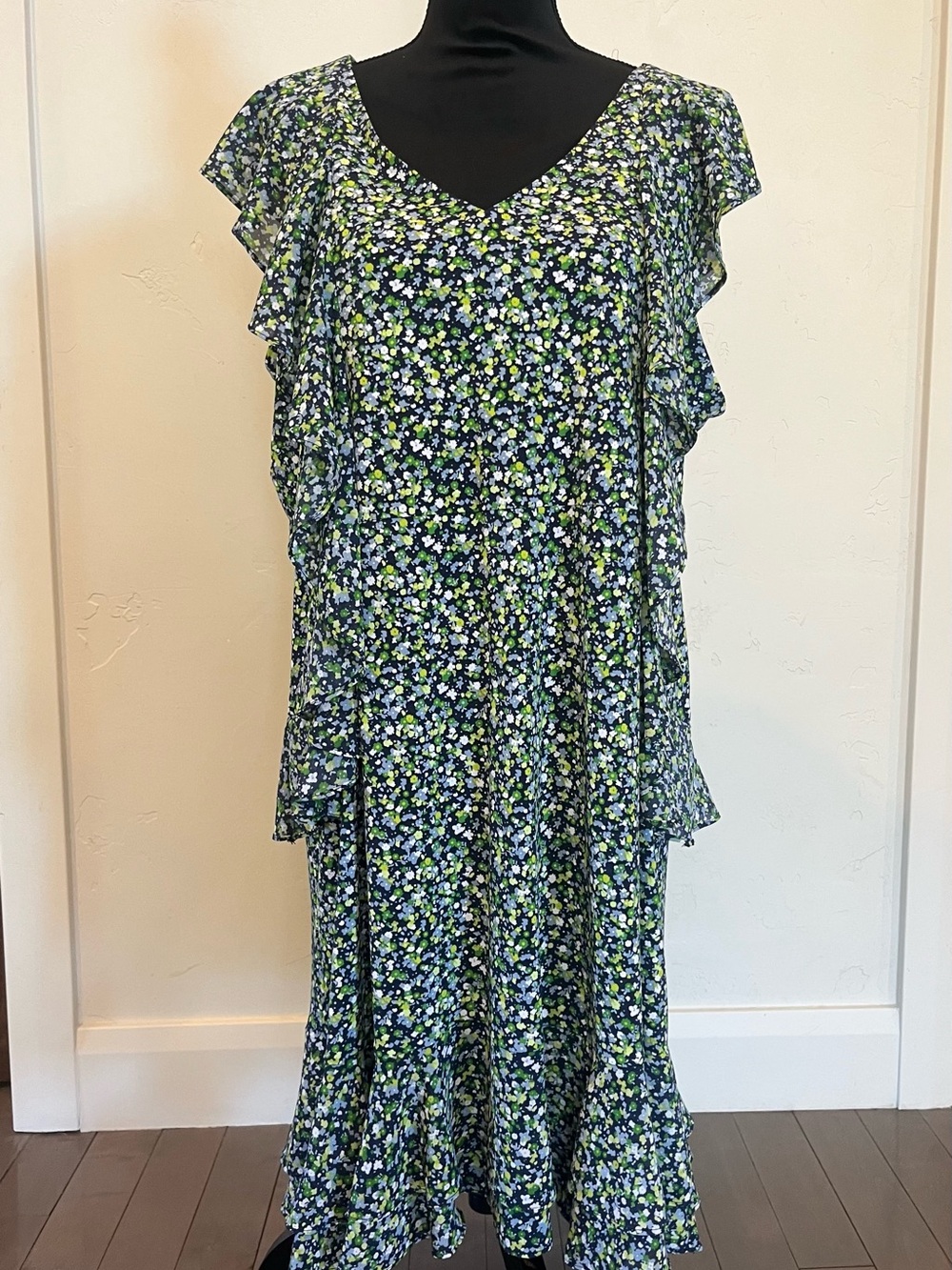 Michael Kors Navy Floral Ruffle Midi Dress 1X NWT